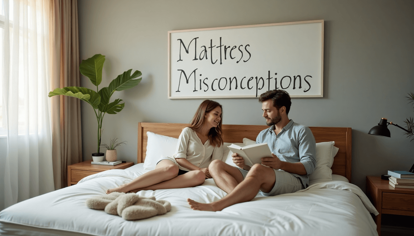 Couple testing mattress in sunlit modern bedroom