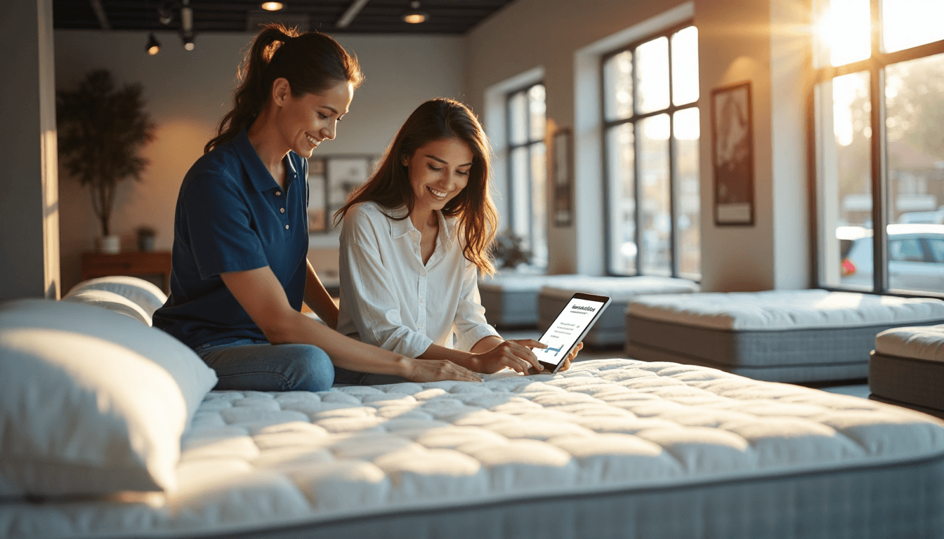 Woman testing mattress in bright store, consultant explains comfort
