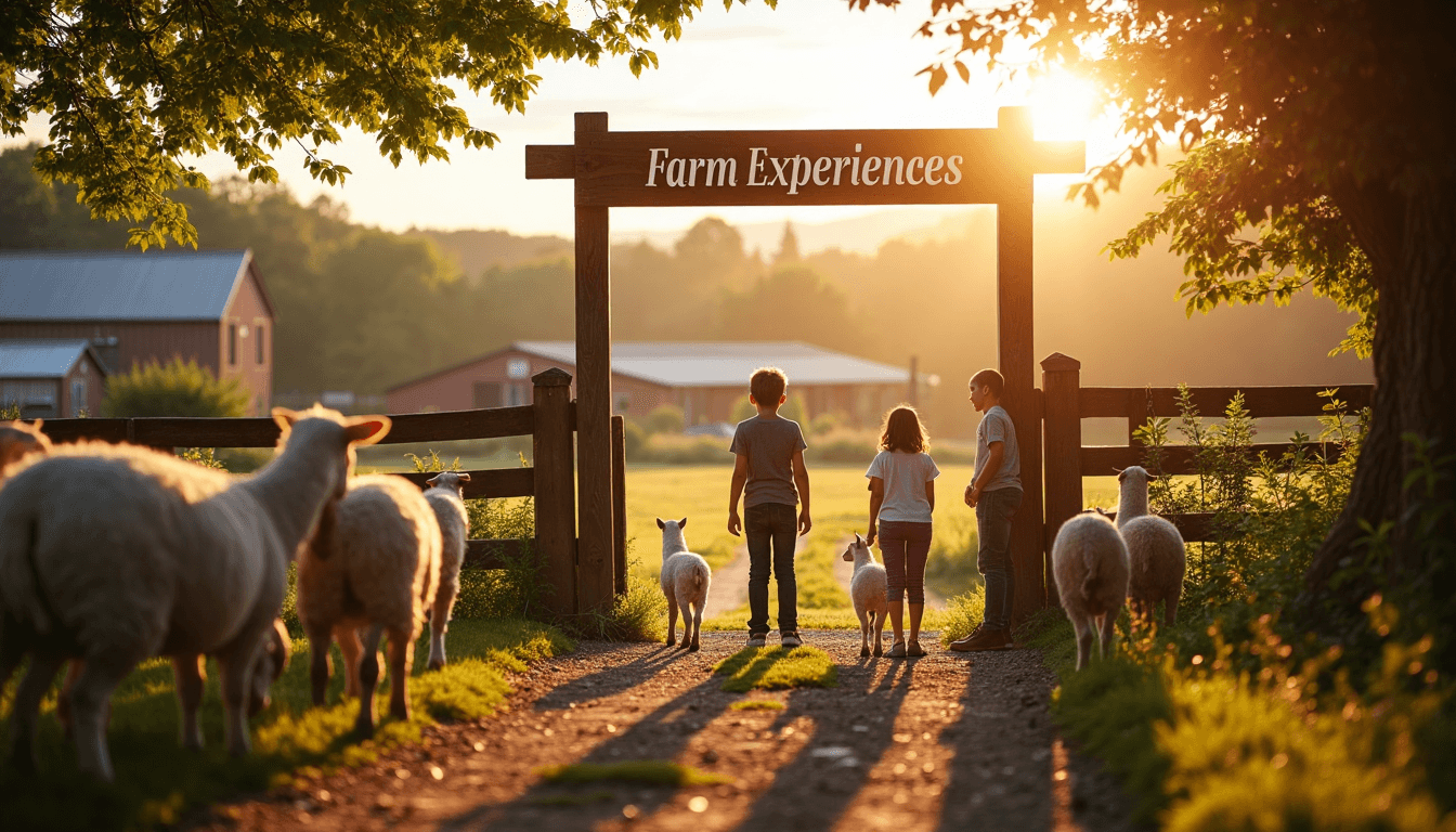 Families enjoying UK farm stay at sunset with rustic welcome sign