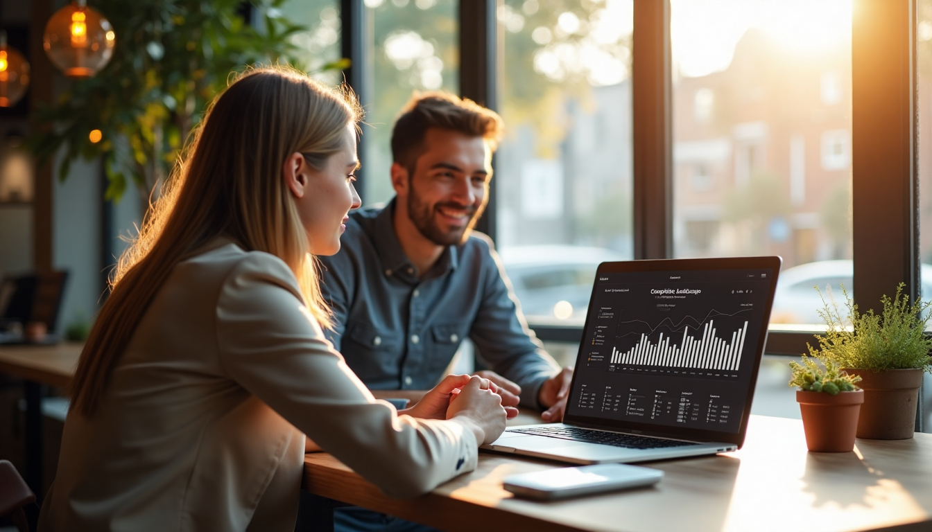 Professionals review competitor SEO data on laptop in bright cafe