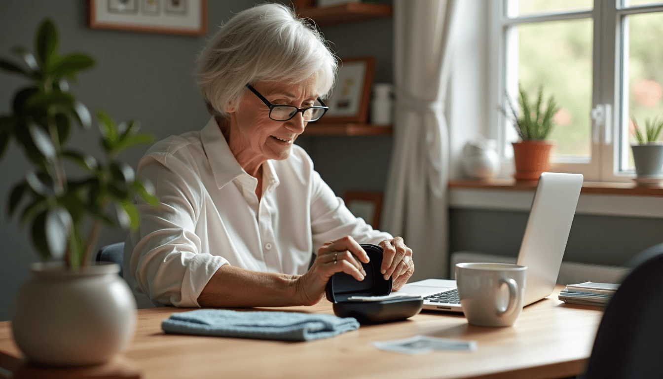 Woman storing glasses in hard-shell case at home desk
