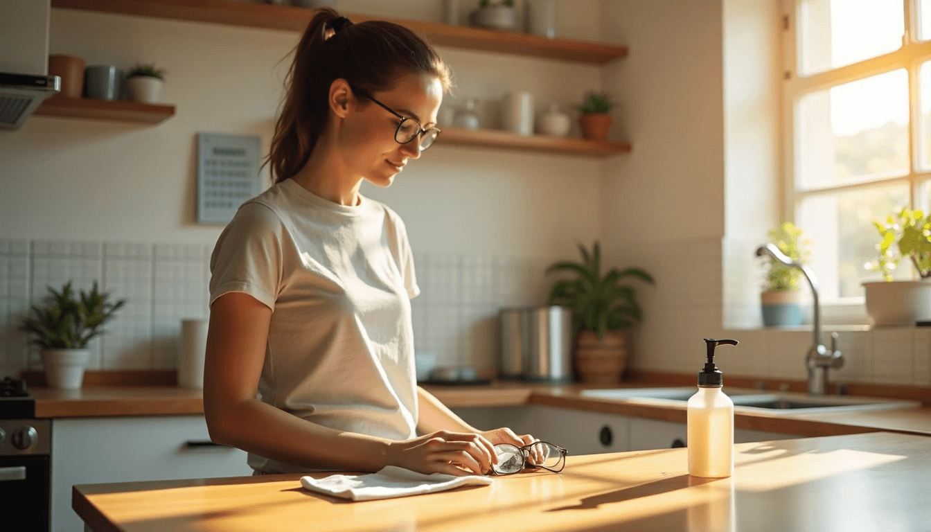 Young adult cleaning glasses by kitchen window in morning