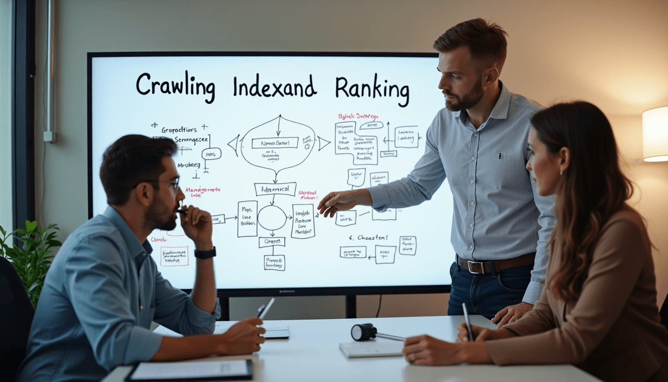Team planning with whiteboard and screen showing Crawling, Indexing, Ranking