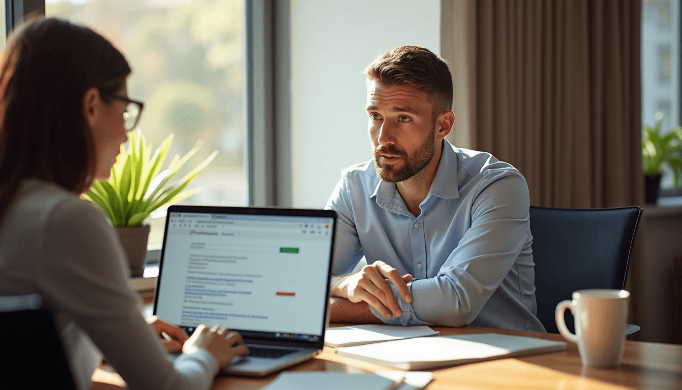 Two business owners discussing Google search results at laptop