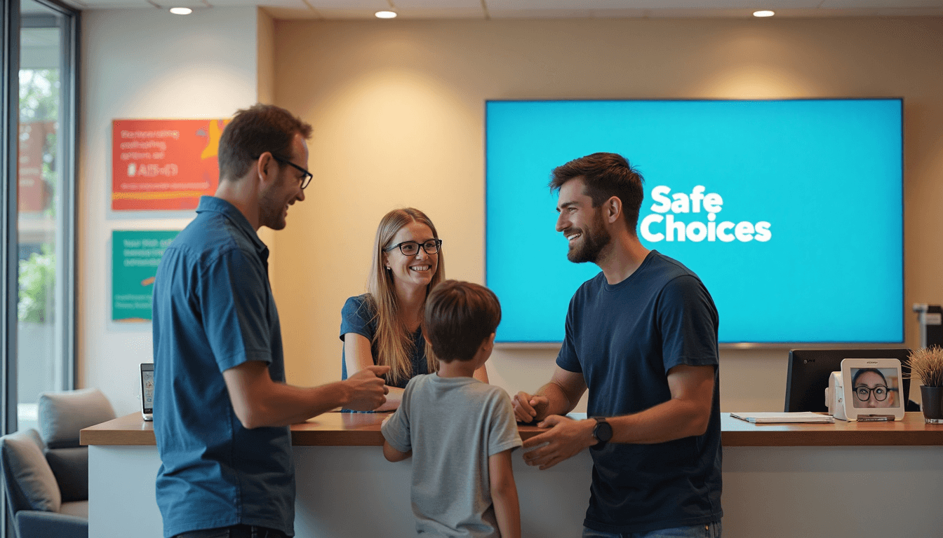 Diverse people at modern optometrist office reception