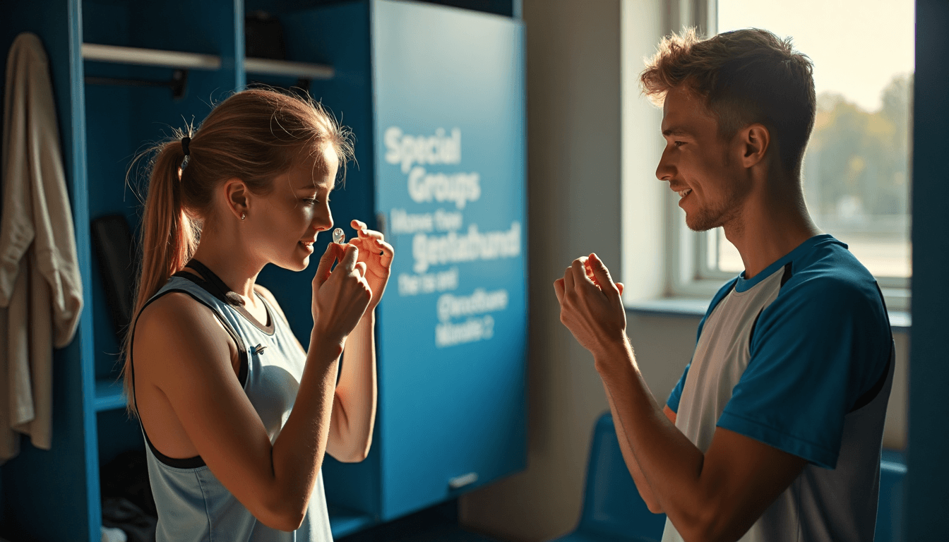 Young athlete inserting contact lens in changing room