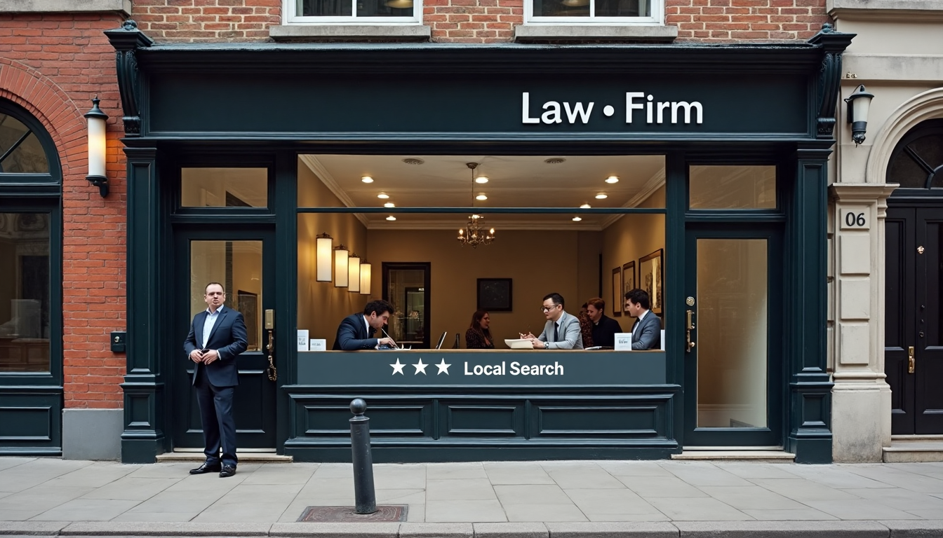 Law firm storefront with solicitor and visible local branding