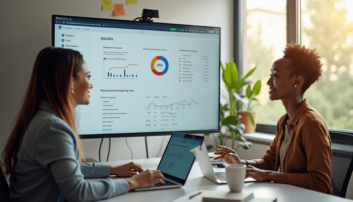 Business owners review SEO metrics dashboard in bright office