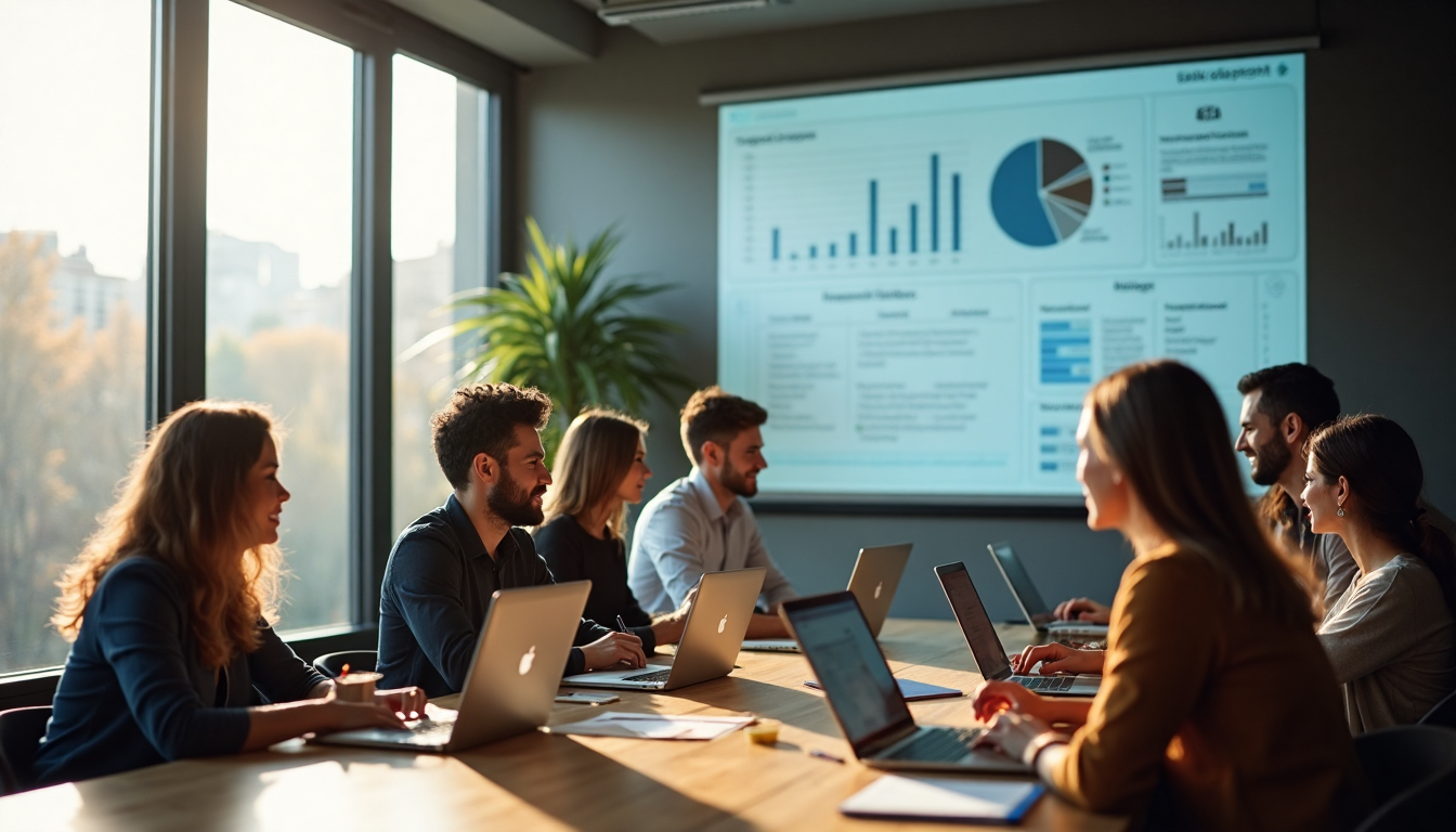 Office team in meeting with SEO 2025 banner