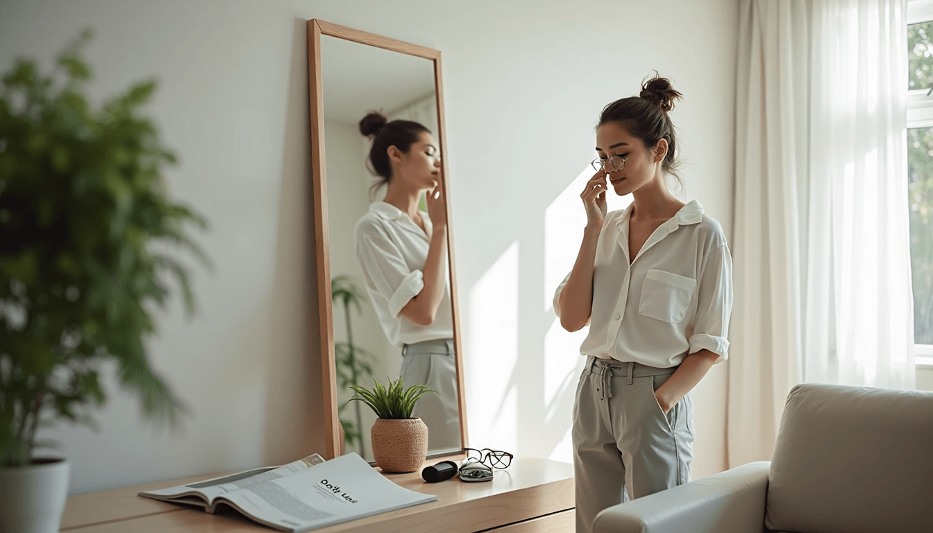 Woman putting in contact lens at home with glasses on table