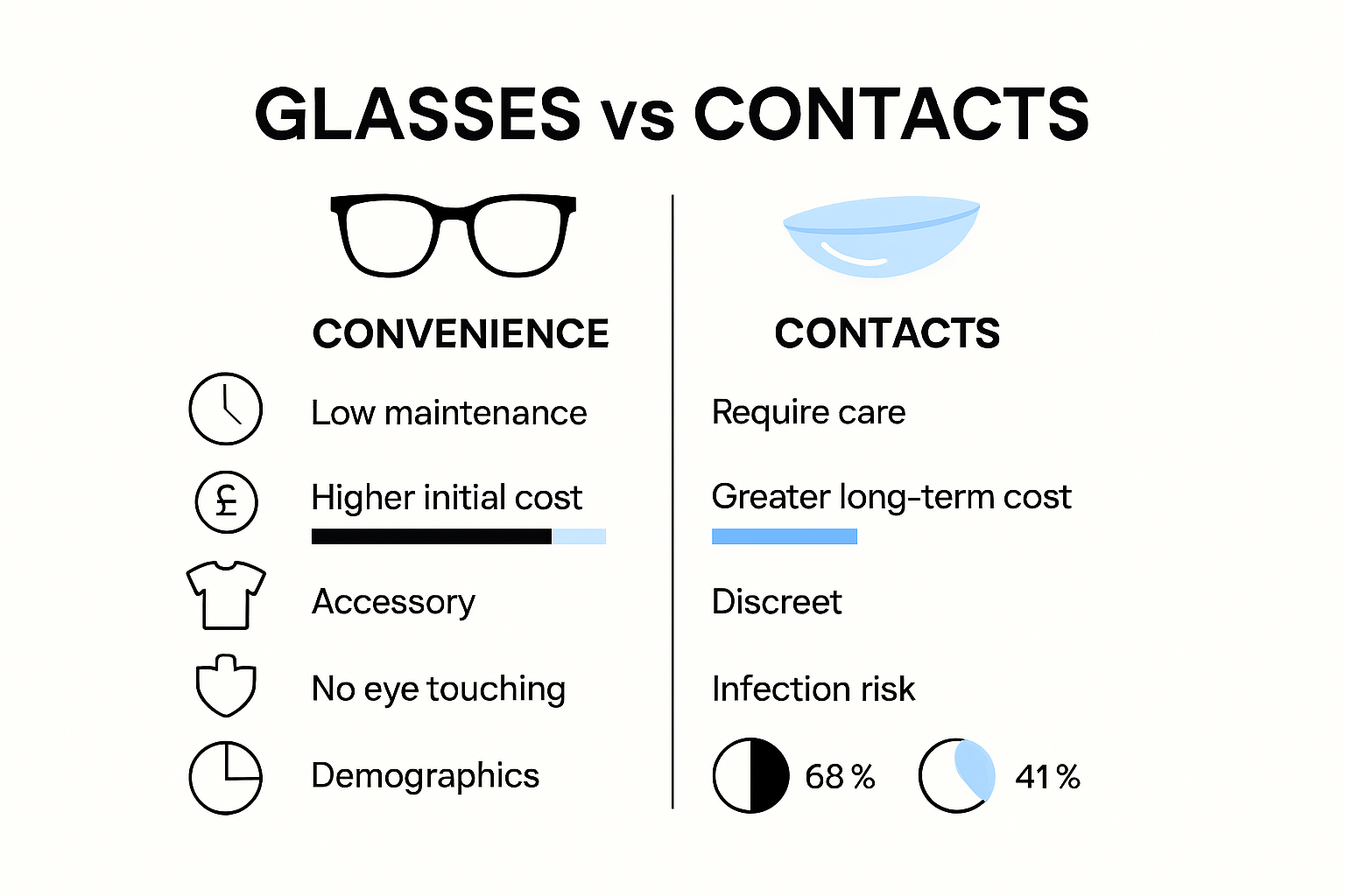 Infographic comparing glasses and contact lenses features