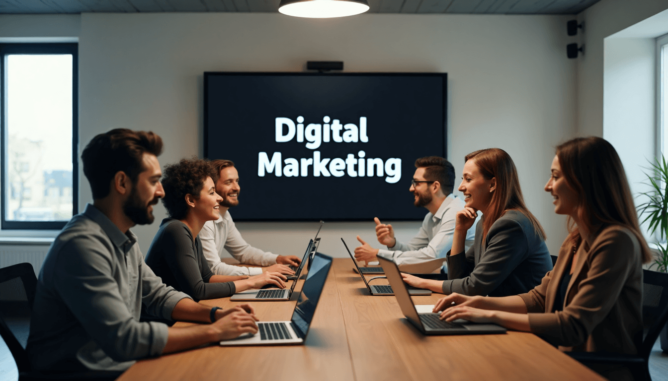 Team collaborates in office with digital marketing presentation