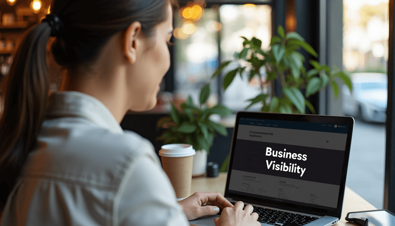 Business owner checks online visibility analytics in cafe