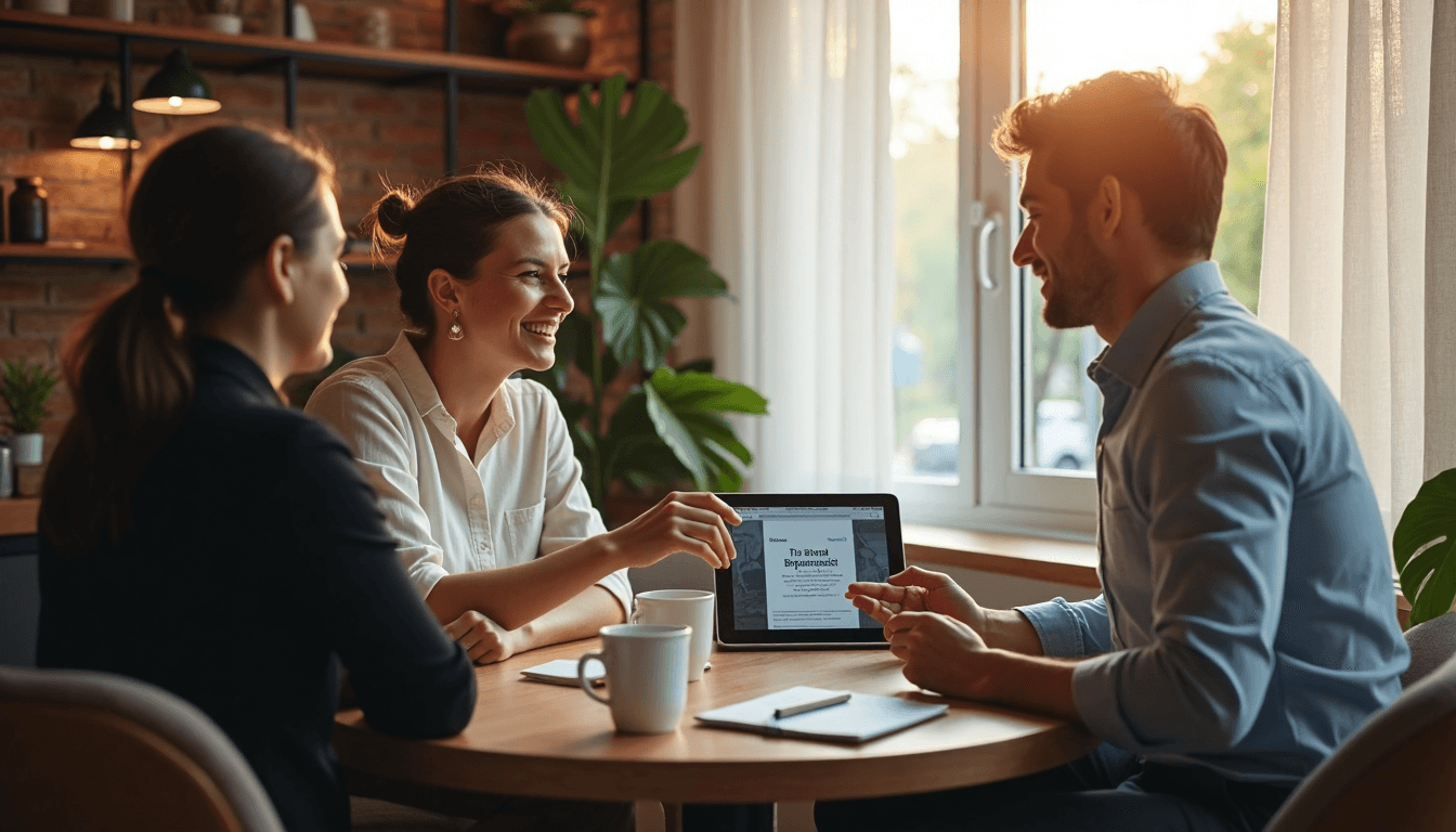 Entrepreneurs discuss branding over coffee with tablet