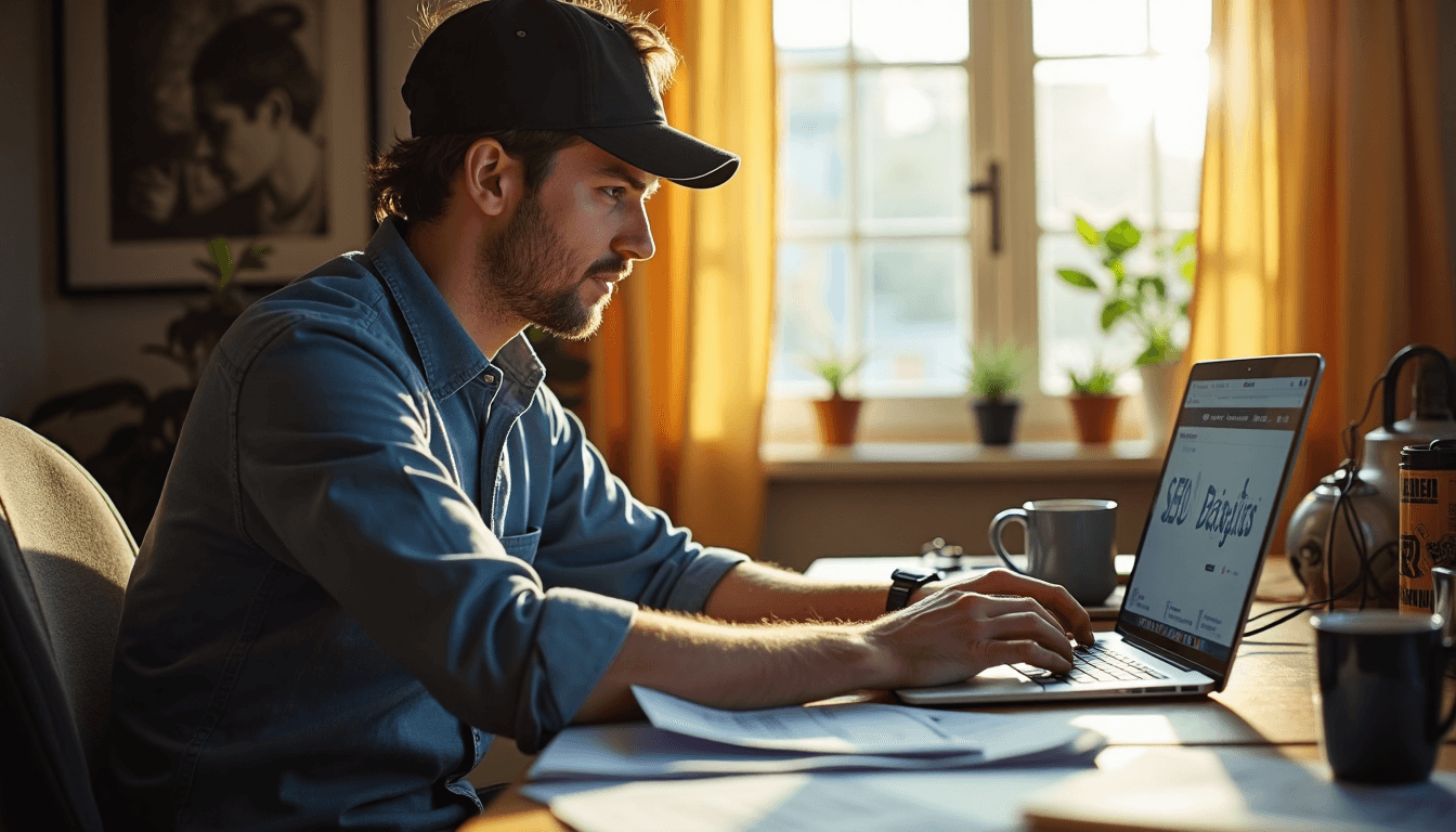 Tradesperson updating website on laptop in sunlit home office