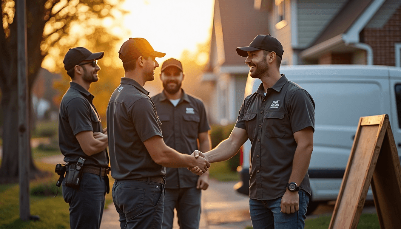 Tradespeople and client standing outside home, smiling by a van