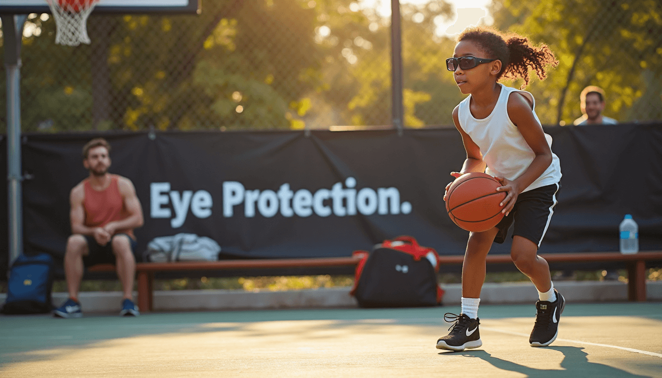 Youth basketball game with eyewear and 'Eye Protection' banner