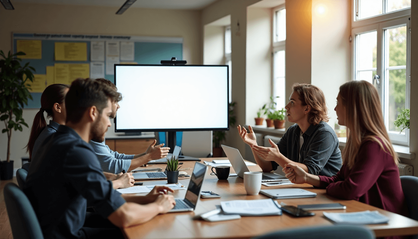 Marketing team in office with SEO strategy text on monitor