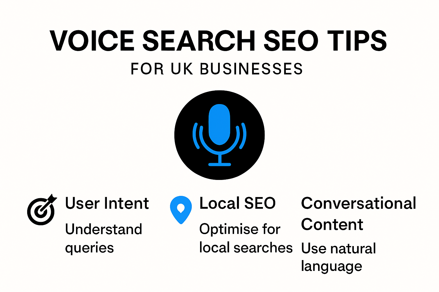 Infographic showing essential voice search SEO tips for UK businesses