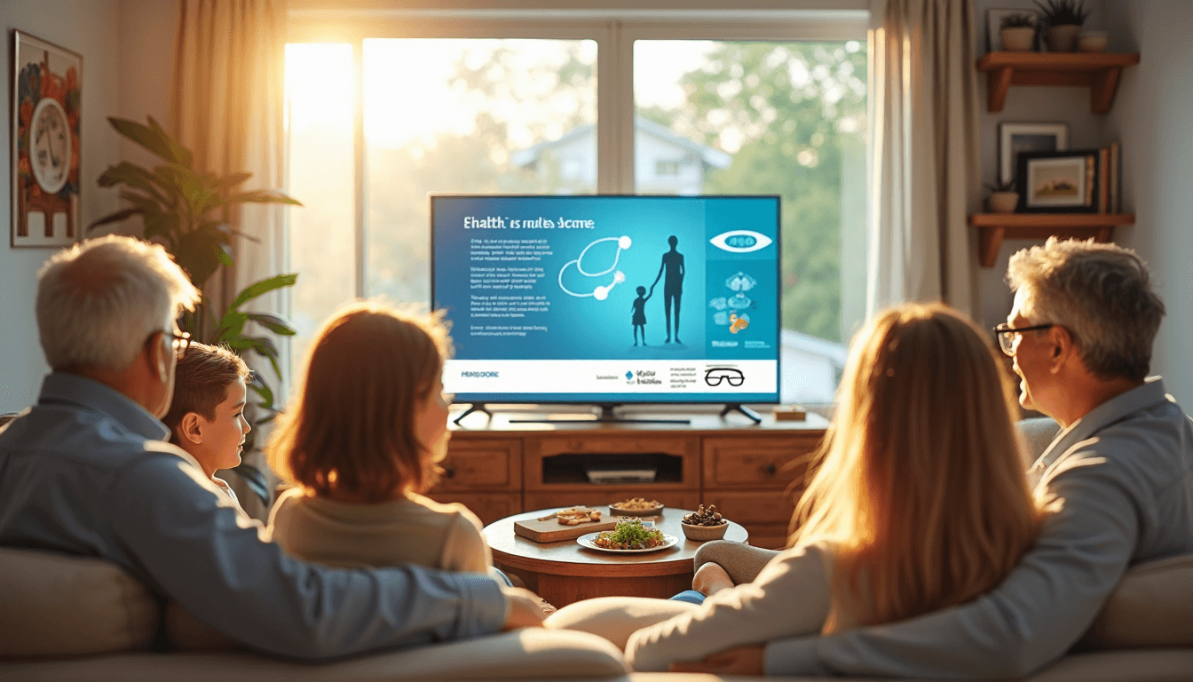 Family discussing eye health in a sunlit living room
