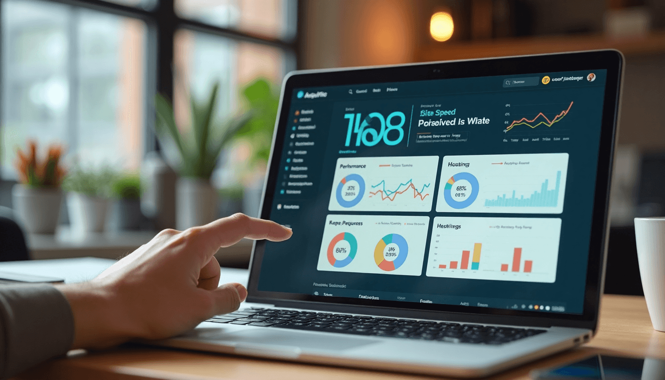 Coworking space with laptop showing key site speed dashboard