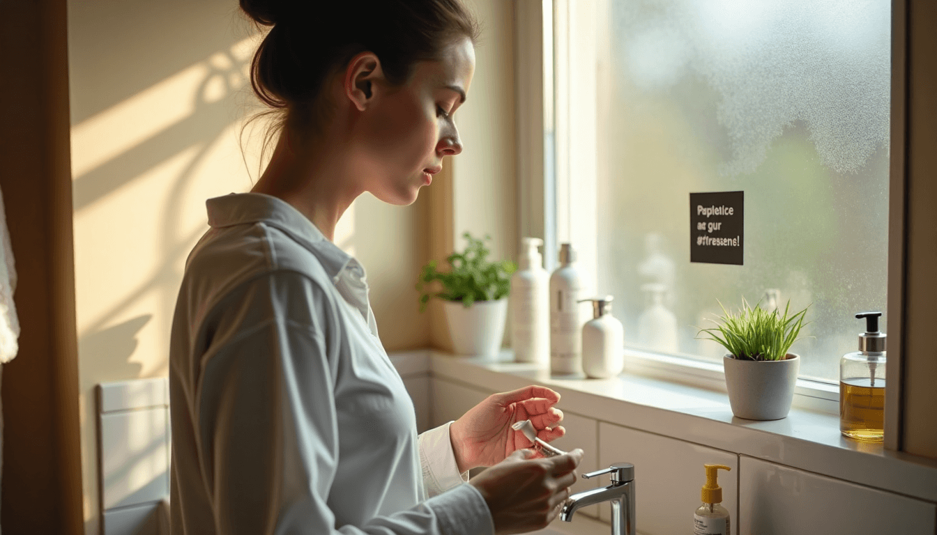 Person cleaning contact lenses at sunlit bathroom sink