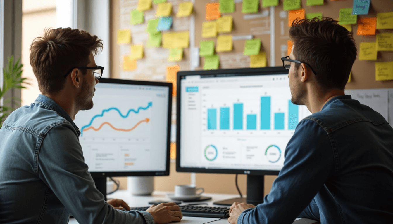 Digital analysts discussing SEO analytics beside learning board