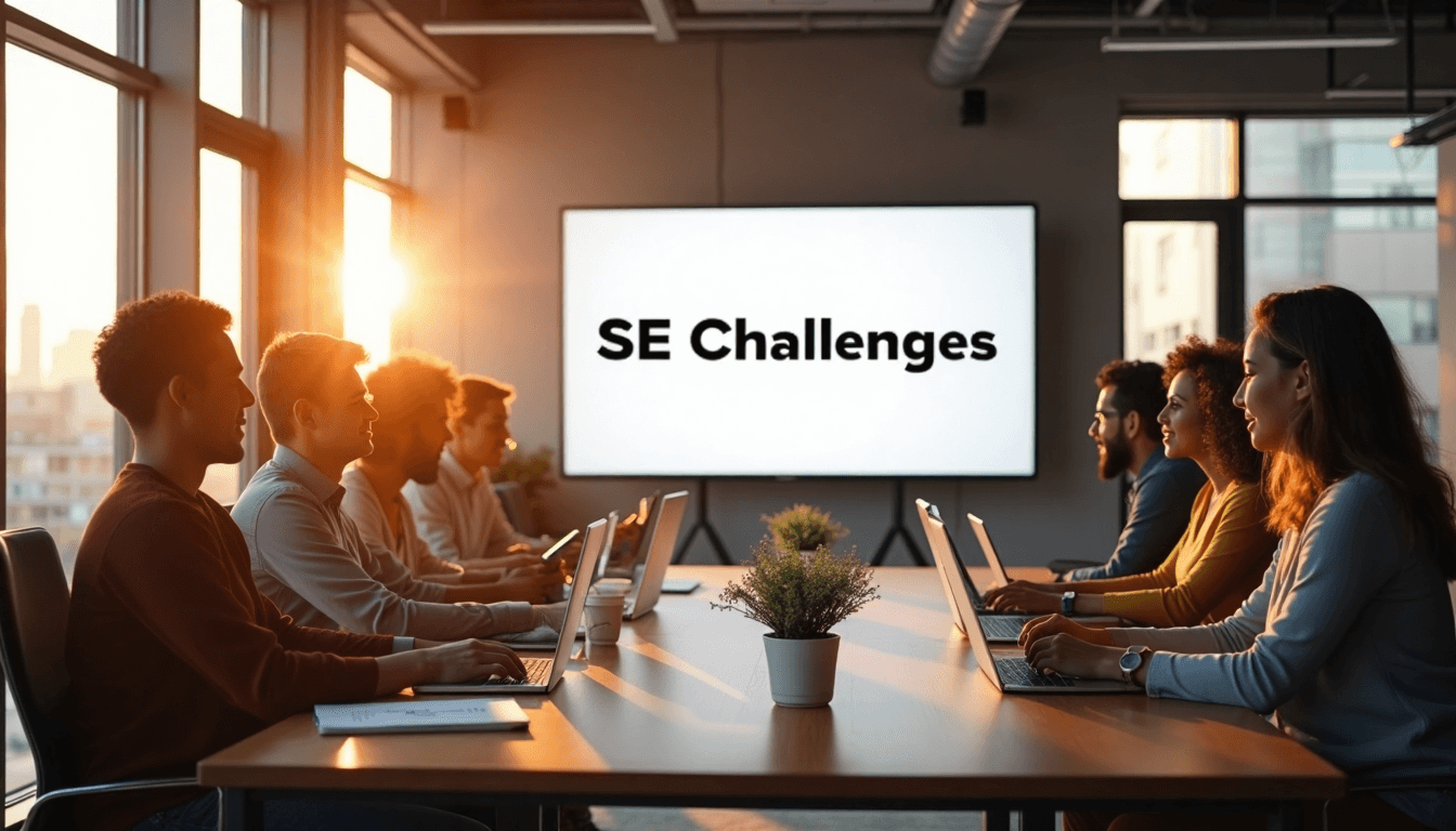 Team in office reviewing SEO challenges on screen