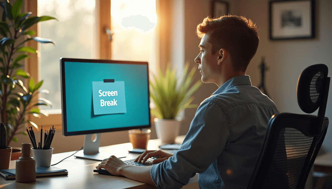 Young professional taking a screen break to reduce digital eye strain