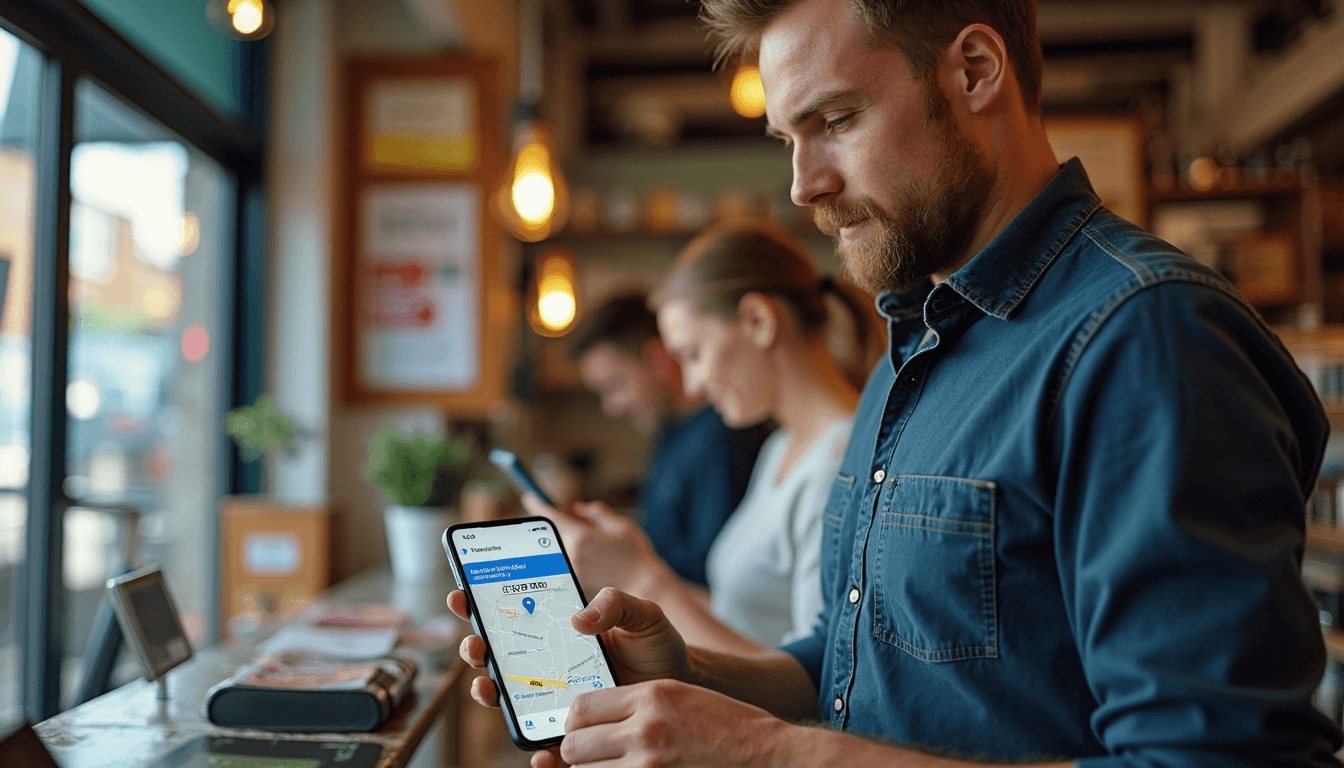 UK business owner checking mobile business profile in local shop