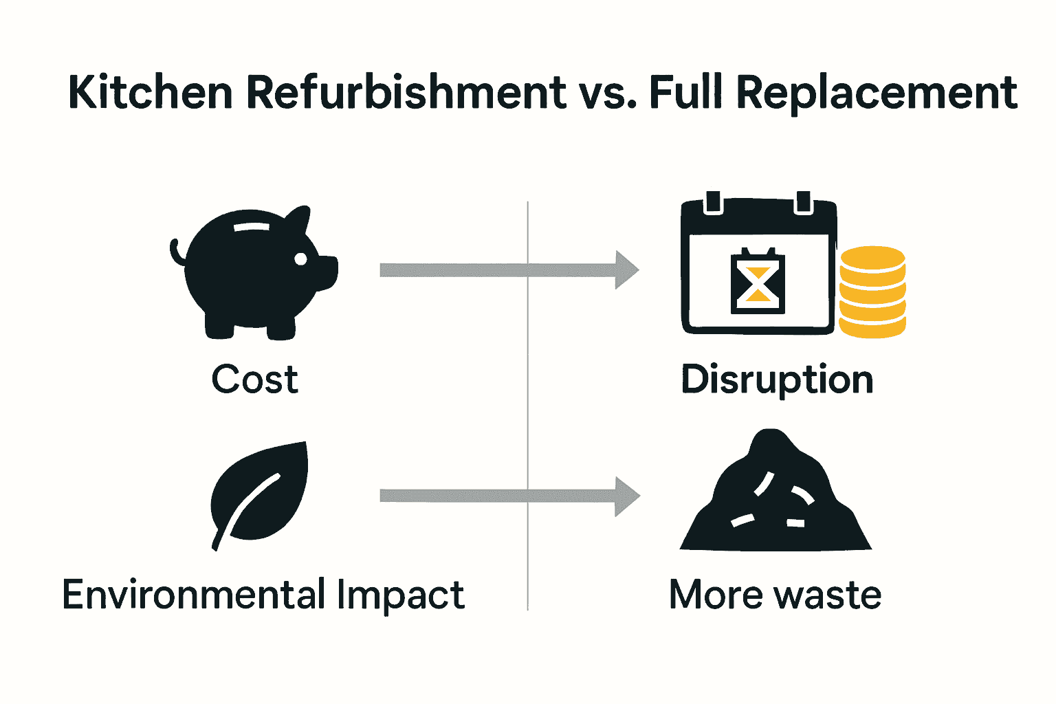 Infographic comparing kitchen refurbishment versus full replacement by cost, timeline, and environmental impact.