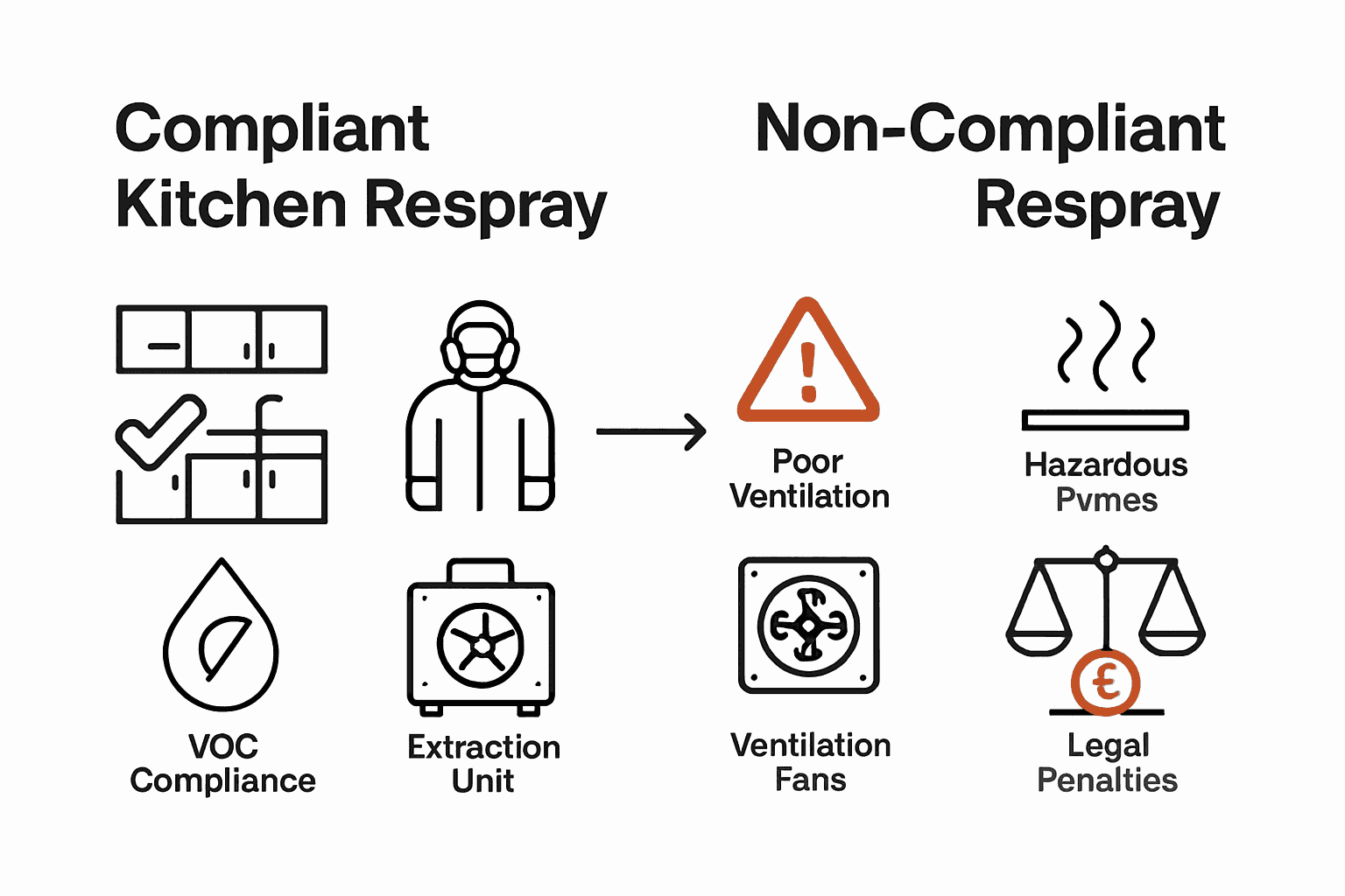 Infographic showing compliant vs non-compliant UK kitchen respray practices and key legal standards.