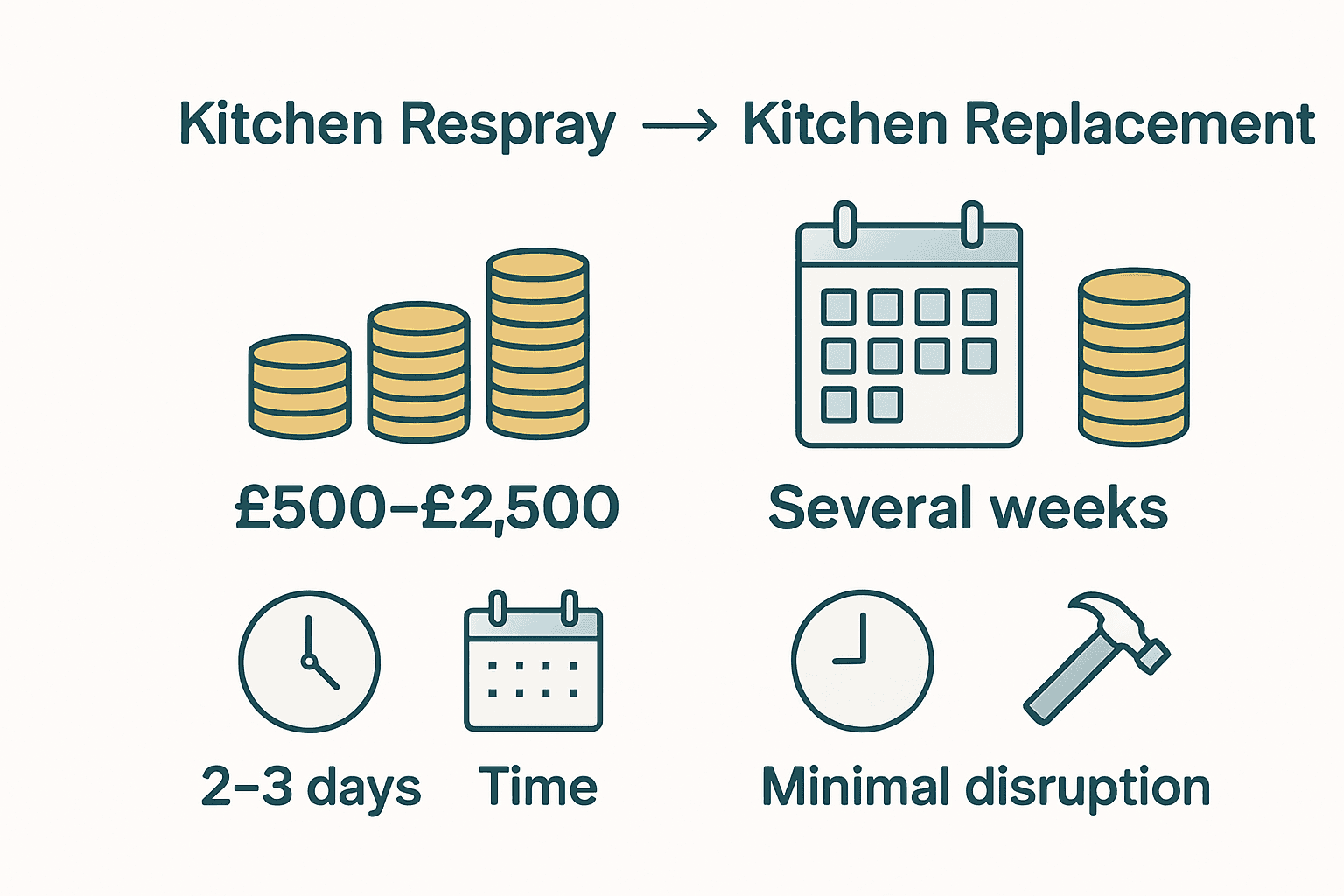 Infographic comparing kitchen respray and replacement costs, time, and disruption with visuals.
