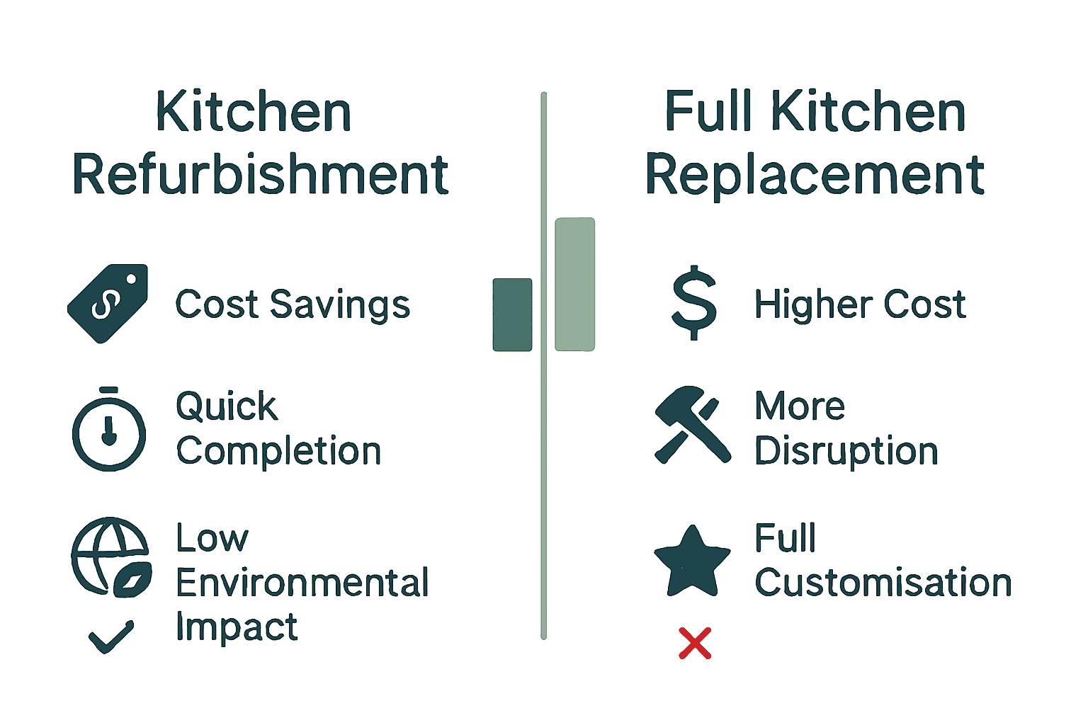 Infographic comparing kitchen refurbishment and full replacement based on cost, disruption, and customisation.