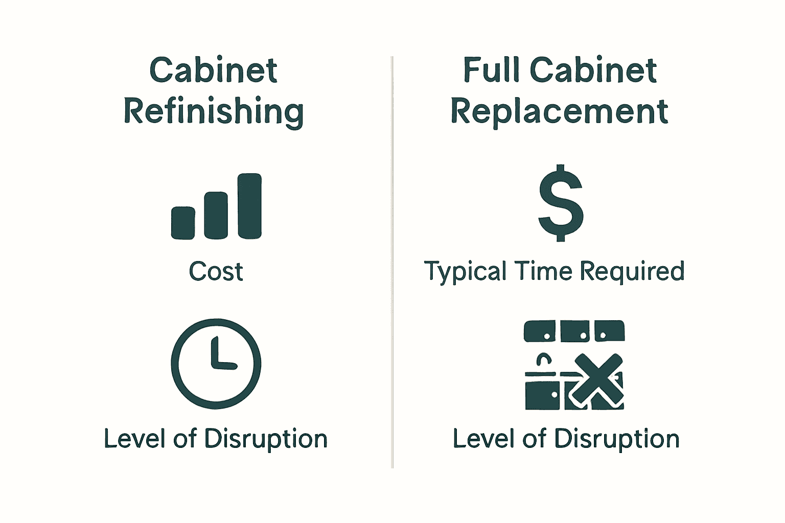 Infographic comparing cabinet refinishing vs replacement on cost, time, and disruption.