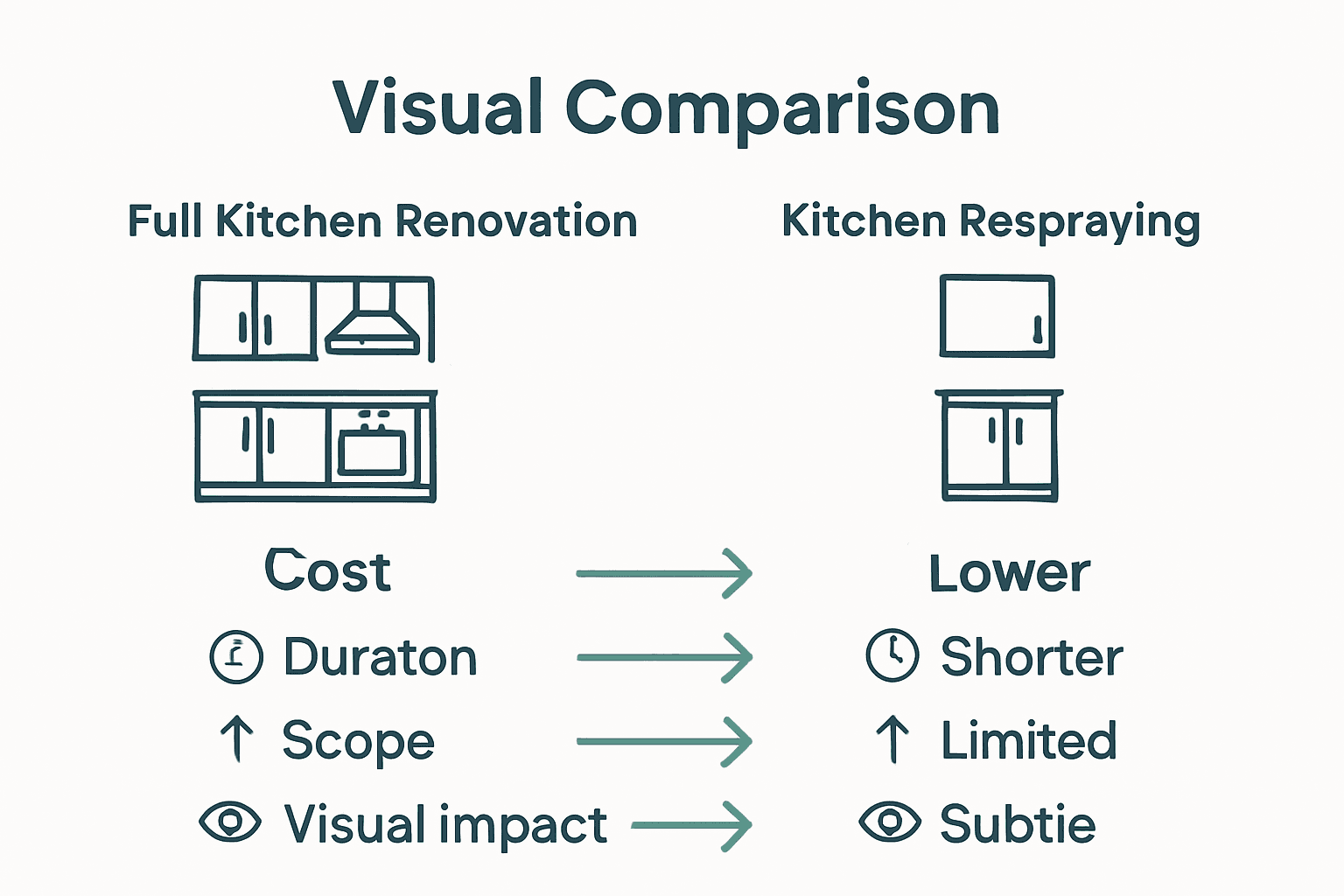 Infographic comparing kitchen respraying and full renovation by cost, time, and scope.