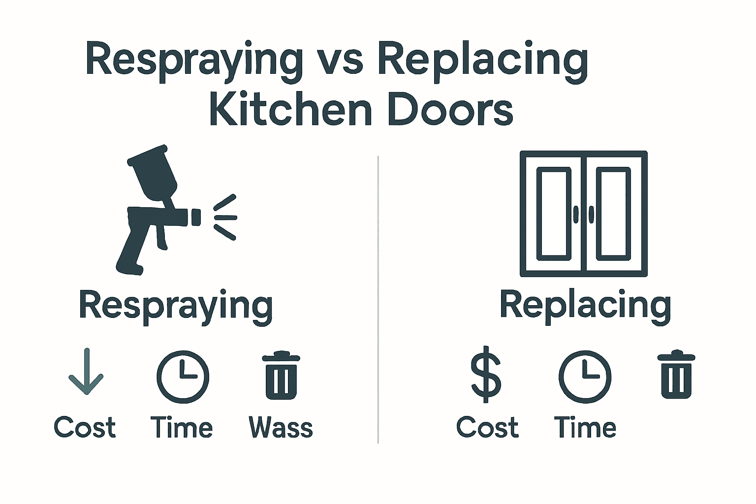Infographic comparing kitchen door respraying and replacement by cost, time, and waste.