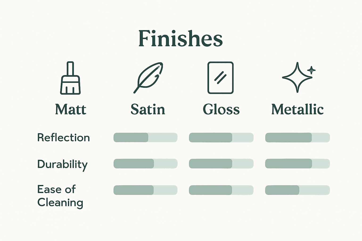 Infographic comparing matt, satin, gloss, and metallic kitchen respray finishes on key attributes.