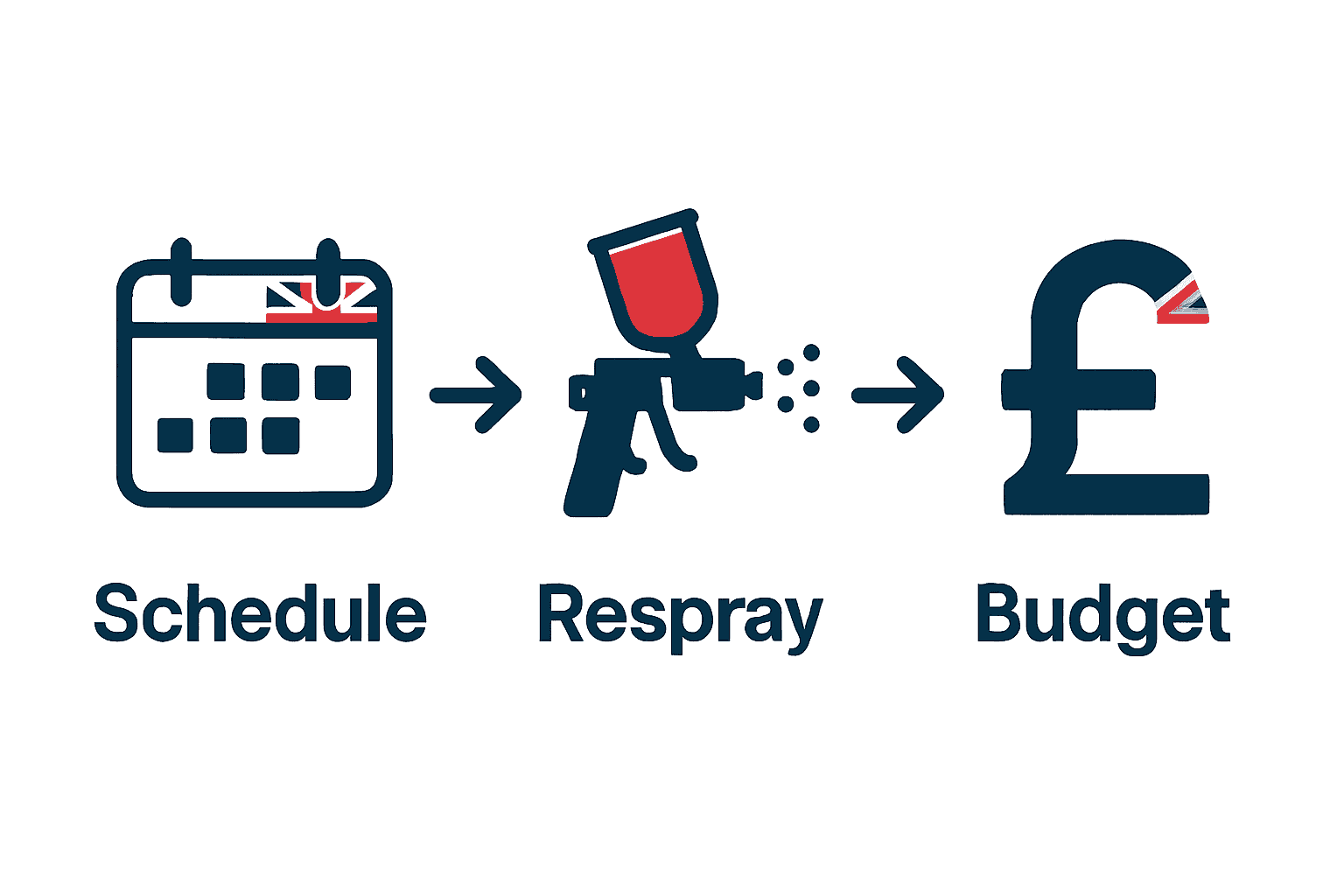 Infographic showing steps of UK kitchen respray scheduling with icons for planning, spraying, and budgeting.