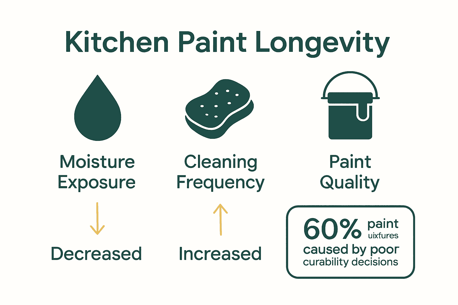Infographic comparing moisture, cleaning, and paint quality for kitchen paint longevity.