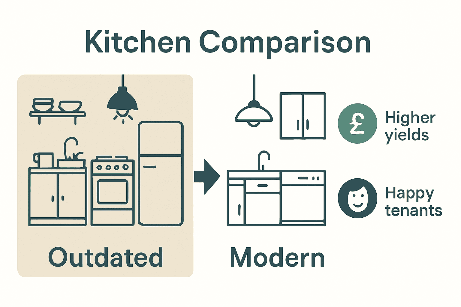 Infographic comparing old and upgraded rental kitchens for letting value