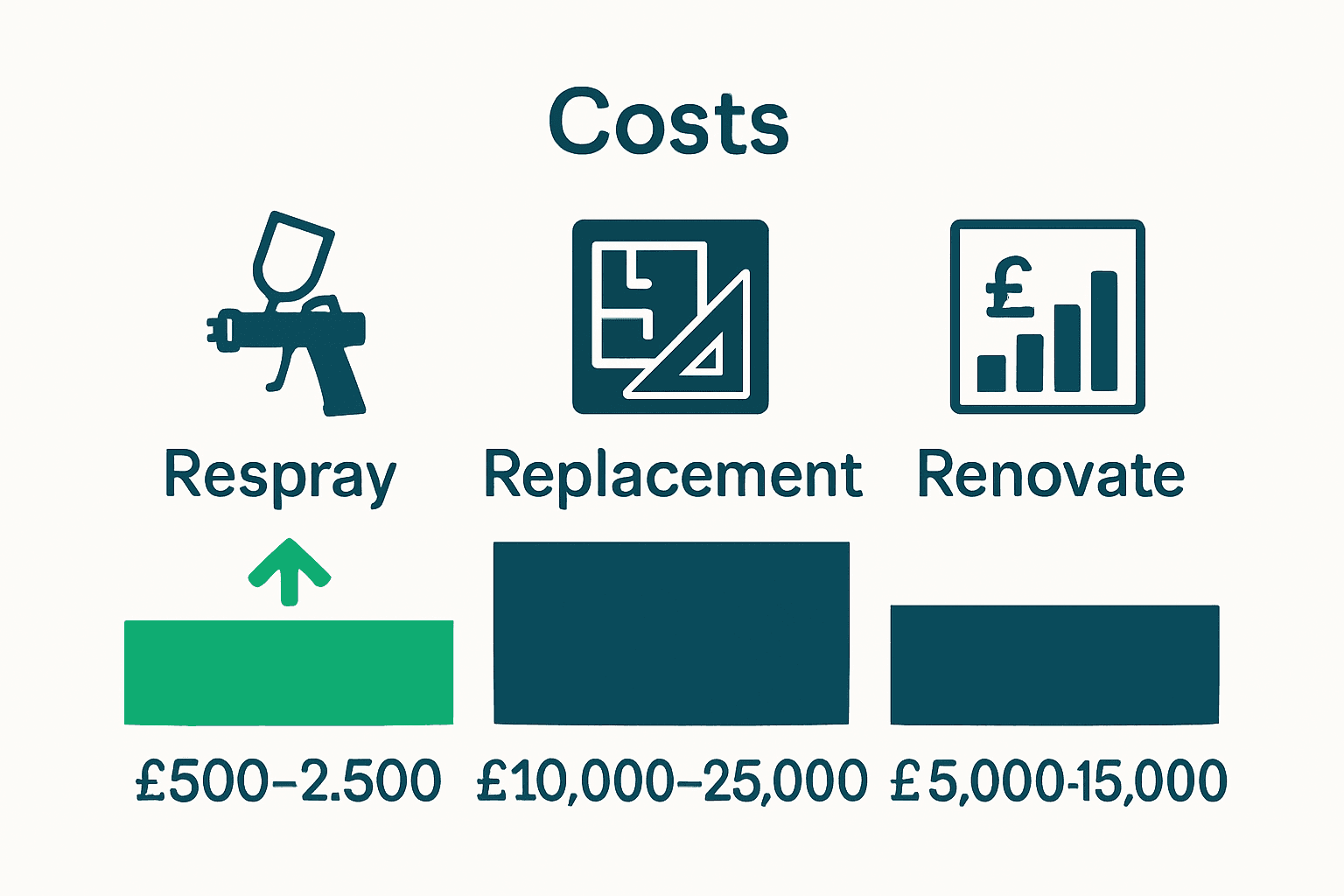 Infographic comparing kitchen respray versus full renovation and replacement costs.