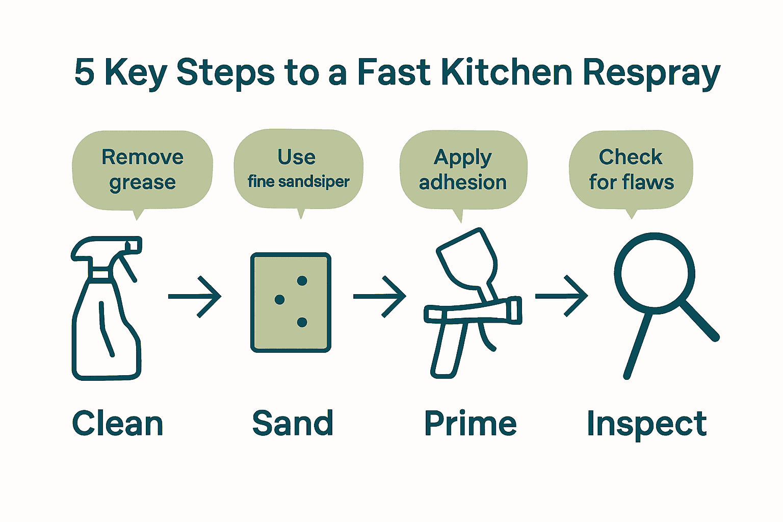 Infographic of the five essential kitchen respray steps with matching icons and brief tips.