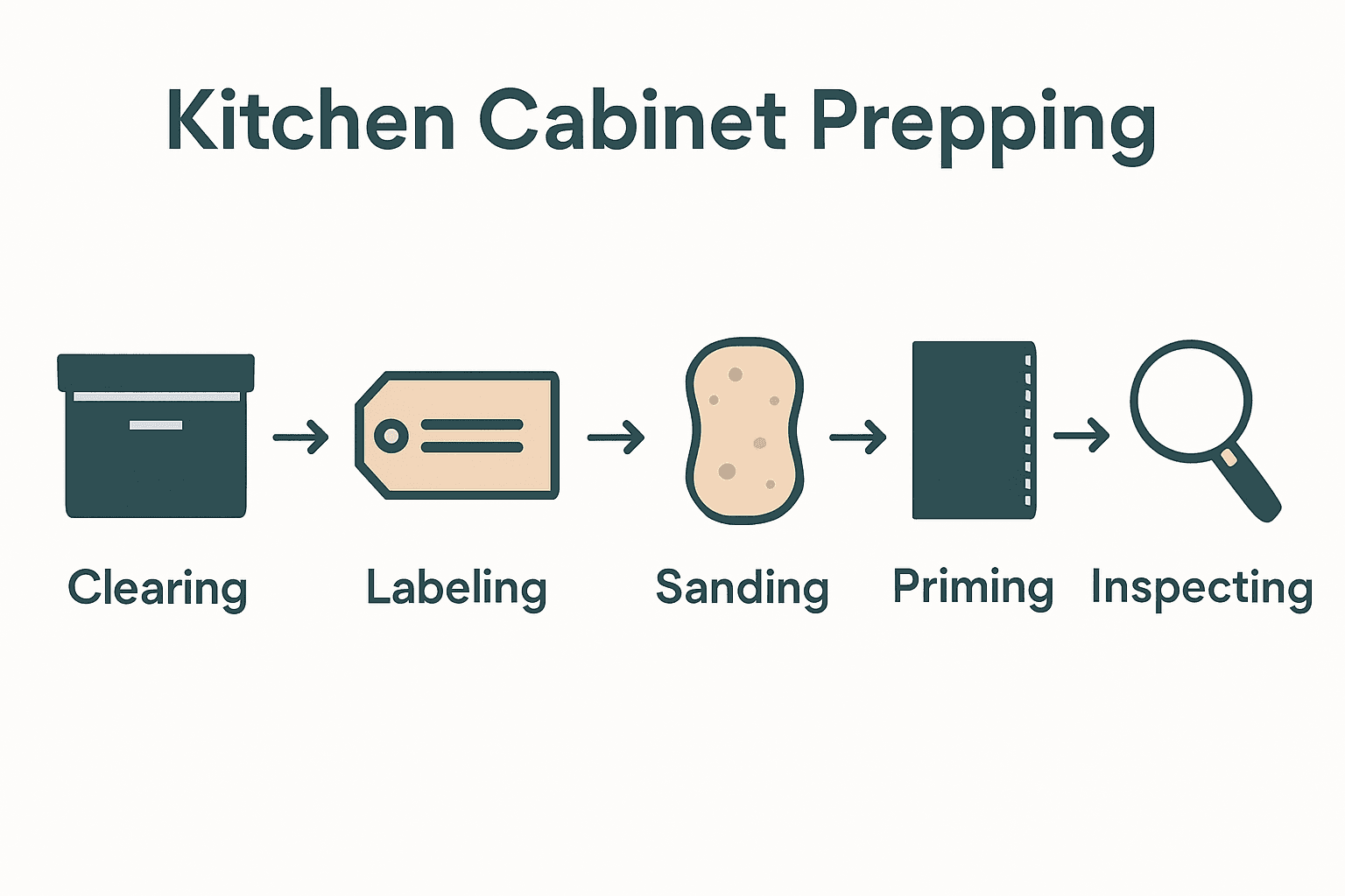 Kitchen cabinet prepping process infographic with six labeled steps and icons.