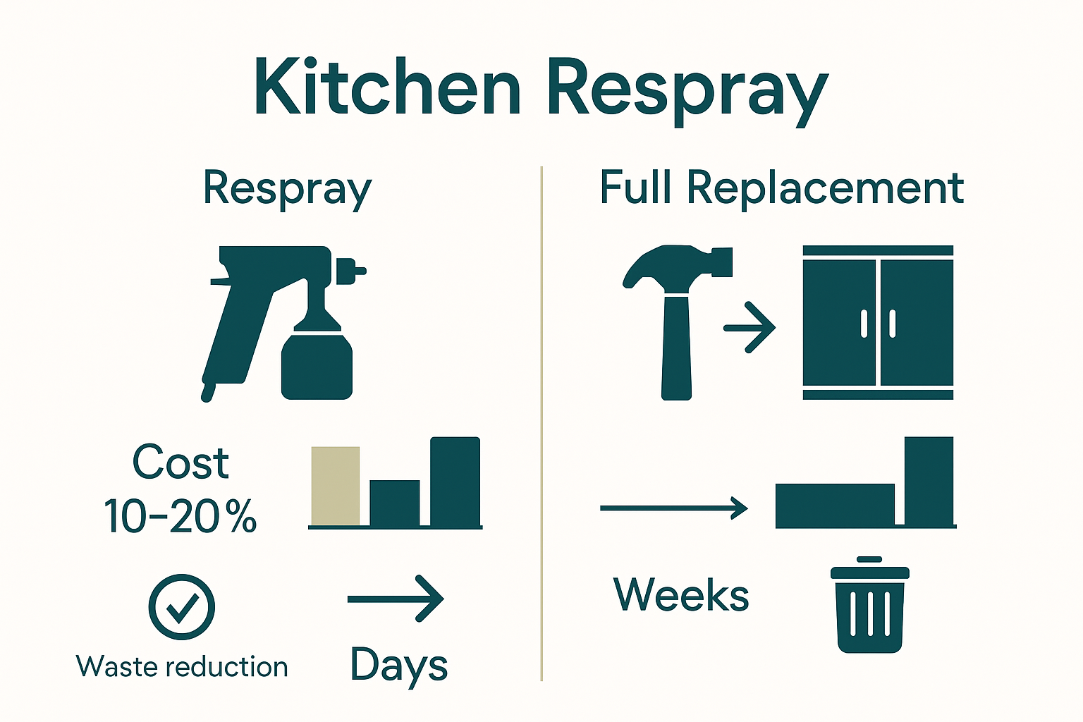 Infographic comparing costs and disruption between kitchen respray and replacement in UK kitchens
