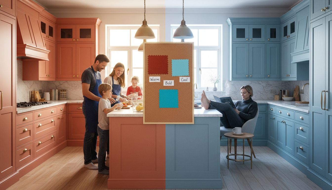 Split kitchen showing warm and cool colour moods