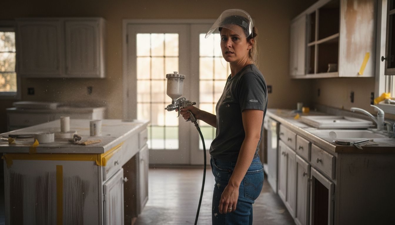 Woman using spray gun on kitchen, paint splatters visible