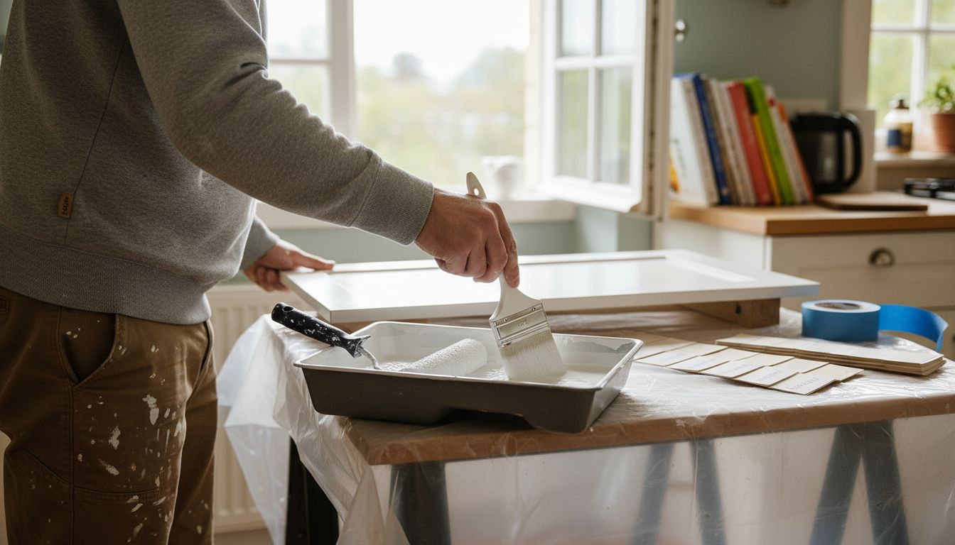 Painter applying paint to kitchen cabinet
