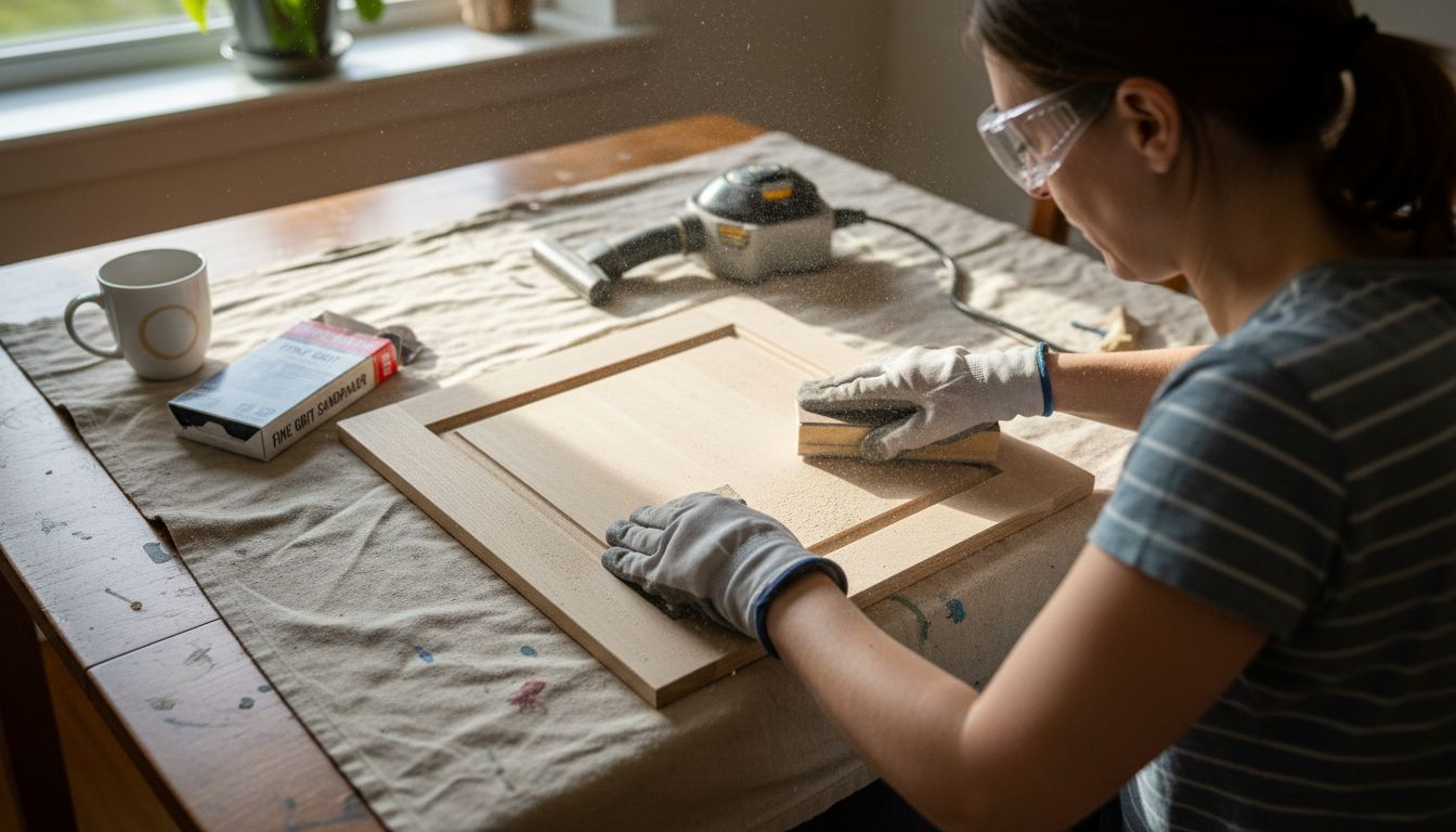 Woman sanding kitchen cabinet for respray