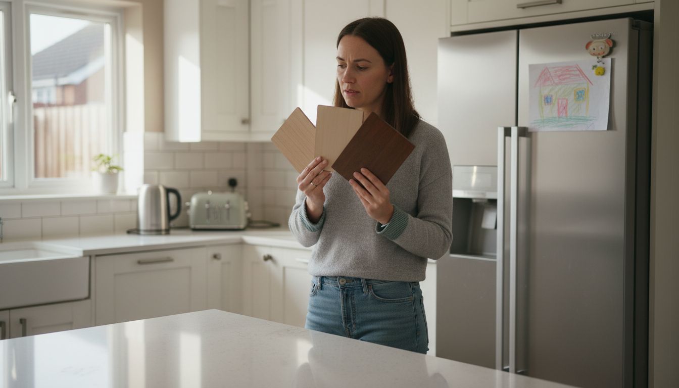 Homeowner comparing spray finish samples in kitchen